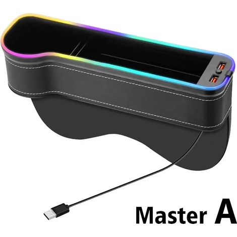 (A) Boîte de rangement pour recoins de voiture avec 2 chargeurs USB rapides, lampe d'ambiance LED, organisateur pour combler les espaces entre les sièges de voiture, accessoires intérieurs de voiture (1/5)