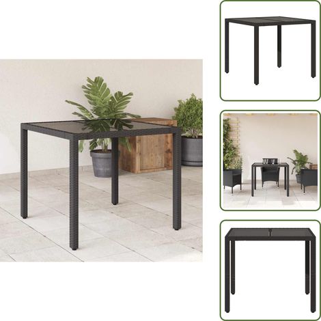 The Living Store Tavolo da Giardino Piano in Vetro Nero 90x90x75 cm Polyrattan - Tavolo in vetro