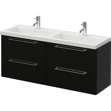 Napoli 390 Matt Black 1200mm Wall Mounted 4 Drawer Vanity Unit with Double Lucia Basins - 1200mm - Chrome 320mm Handle