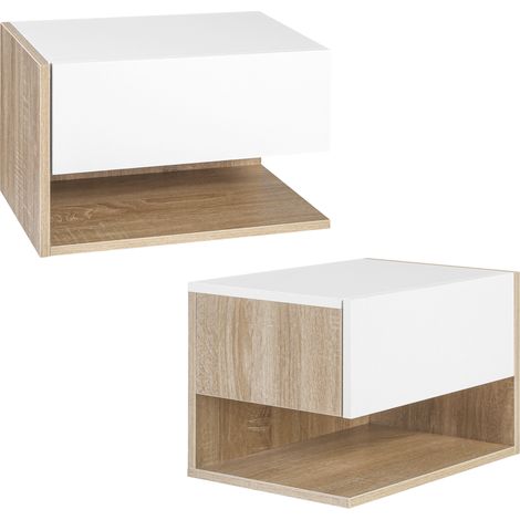Set aus 2 wandmontierten Nachttischen mit Schublade, Ablagefach und zweifarbiger Oberfläche in weißer Eiche.