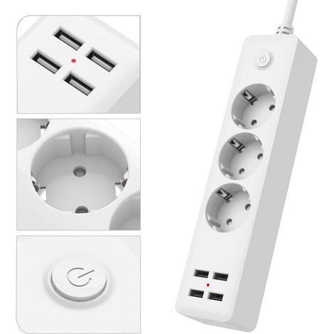 Multiprise USB standard européenne avec 3 prises, multiprise avec 4 ports USB, multiprise avec interrupteur, cordon d'alimentation de 1,5 M, convient pour la maison, le bureau, l'installation murale (1/3)