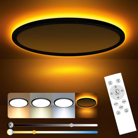Plafonnier LED Dimmable, Lampe de Plafond 24W 2800LM avec Télécommande, 1800K Veilleuse de Couleur Chaude, 3000K-6500K Luminaire Plafonnier Rond pour Salon, Chambres d'enfantsØ30CM-Noir [Classe énergé (1/5)