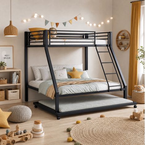 Letto a castello 90/140x200 cm in metallo nero con letto estraibile 90x190 cm e scaletta inclinata (1/5)