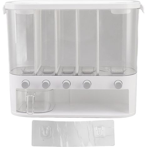 Distributeur 5 compartiments avec gobelets, boîte à céréales et aliments secs, rangement séparé pour cuisine. (1/5)