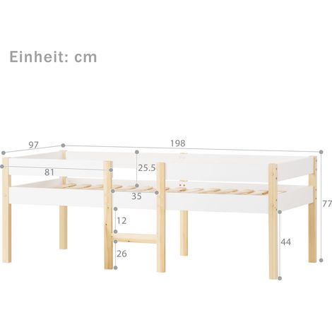 Lit enfant avec rambarde de protection, bois de pin massif, dimensions 90x190 cm, finition blanc et chêne