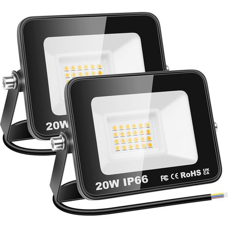 2x 20W 2000lm projecteur d'extérieur led, 3000K blanc neutre sans prise, luminaire exterieur, IP66 étanche, éclairage de sécurité lampe, pour patio garage terrasse jardin chantier (1/5)