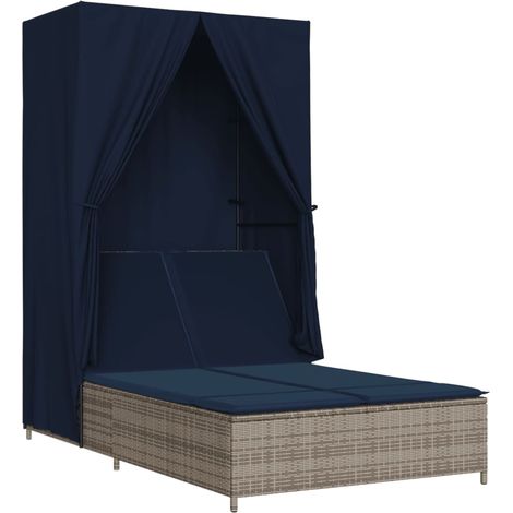 Lettino Prendisole Doppio Tetto e Tende Grigio in Polyrattan vidaXL (1/5)