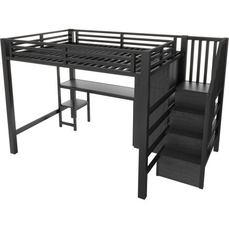 Lit mezzanine en métal 140x200 noir avec bureau, étagère, armoire et escalier de rangement HOMVRA (1/5)