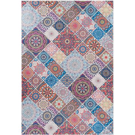 Tapis kilim, 60 x 120 cm, motif géométrique, multicolore bleu et rouge, tissage plat authentique, entretien facile en machine