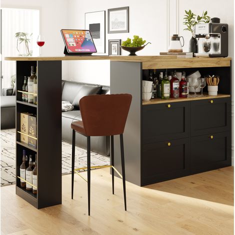 Mobile bar girevole a 360° con 4 cassetti e ripiani aperti, nero, MDF HAVRYA (1/5)