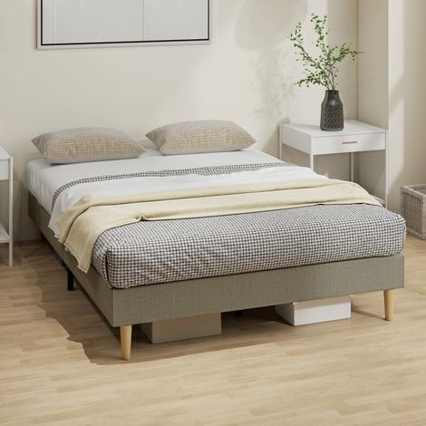 Cadre de lit double 140x190 cm, sommier à lattes bois inclus, tête de lit rembourrée velours côtelé gris, structure en panneaux, literie complète chambre. (1/5)