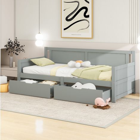 Bett im modernen Stil 90x200 cm aus Holz grau mit 2 Schubladen, Kopfteil und Lattenrost (1/5)