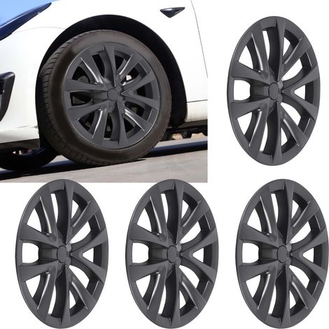 (Kombinierbar mit Produkt Nr. 1617230005911) (Video verfügbar) 4 Radkappen im Karomuster für Tesla Model 3 (18-Zoll-Felgen, 2017-2023) (ohne Markierungen), anthrazitgrau, übergroß und schwerer. (1/5)