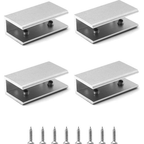 Ensemble de 4 pinces rectangulaires pour verre, support d'étagère en aluminium pour verre de 8 à 10 mm, pour appuis de fenêtre, cages d'escalier, salles de bain, avec vis et tournevis. (1/5)