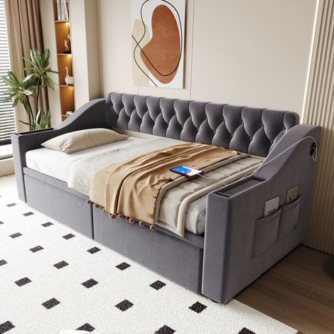 Canapé-lit 90x190 cm avec accoudoirs larges et épais, ports USB intégrés, rangements dans les accoudoirs, poches de rangement et tiroir de rangement, velours gris foncé, lit parapluie.
