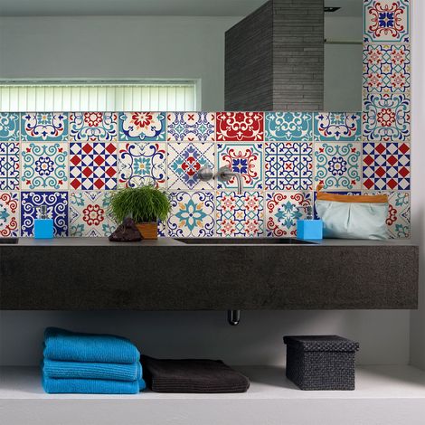 Sticker Mural Carrelage adhésif Cuisine Salle de Bain - 30 STICKERS CARREAUX DE CIMENT AZULEJOS LEOTINA - 30stickers10x10cm (1/5)