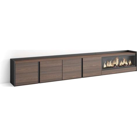 Mueble TV Benagalbón-02 de 315x50x35 cm con chimenea eléctrica XXL, color roble oscuro y negro (1/4)