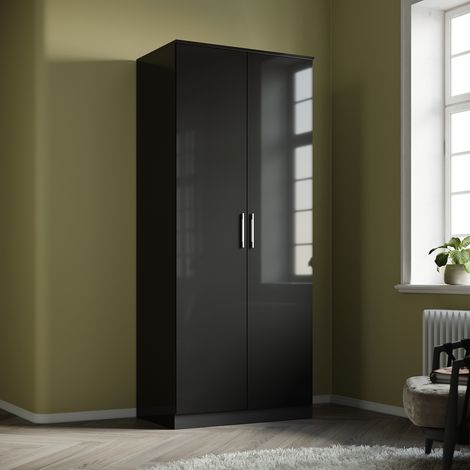 ELEGANT Bedroom Furniture High Gloss Soft Close 2 Doors Wardrobe with Removable Hanging Rod and Storage Shelves, Black