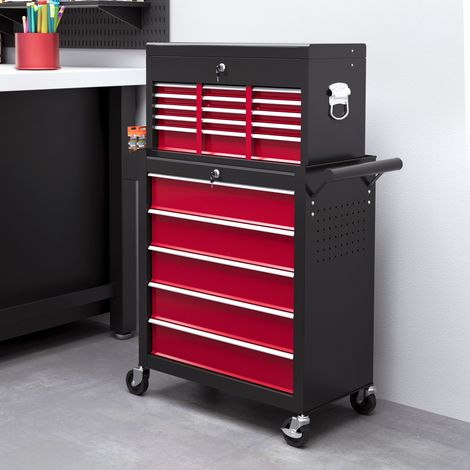 Carrello portautensili, in due parti, con serratura, 14 cassetti, pannello forato, in acciaio, rosso (1/5)