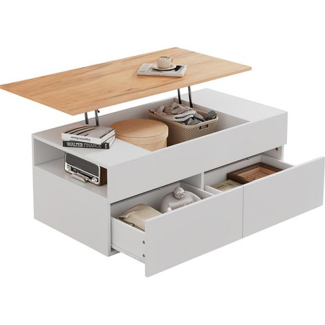 Couchtisch höhenverstellbar mit 2 Schubladen und halboffenem Stauraum, anhebbarer Sofatisch, 100 × 50 × 40 cm, Weiß (1/5)