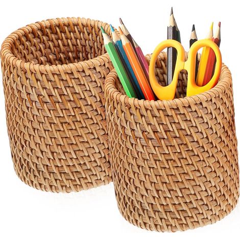 Woven Pen Holder Set of 2 Rattan Pen Holders for Desk Pen Cup for Storage of Pens Makeup and Small Utensils 3.94 x 2.95 Inches (1/5)