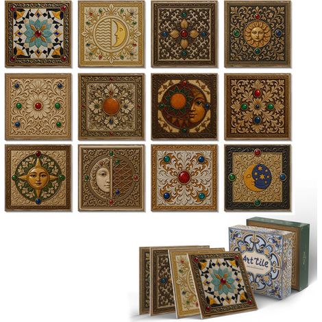 12 Stickers Carrelage 15x15cm Retro Mediterranee Soleil Lune B (1/5)
