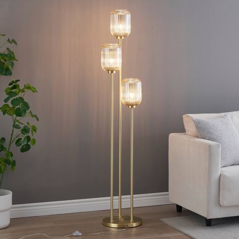 Kosilum – Lampadaire LED doré avec 3 abat-jour en verre ambré – Éclairage chaleureux – Hauteur 180 cm – Design contemporain pour intérieur moderne