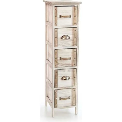 Cómoda alta estrecha de madera clara con 5 cassetti decorativa shabby chic 26 x 32 x 98