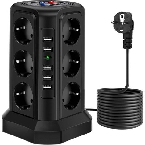 Regleta de enchufes conmutada de 1,8 m (2500 W) con 12 tomas de corriente y 5 puertos USB, color negro. (1/5)