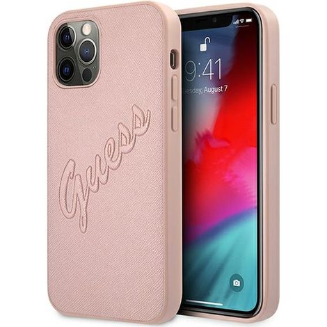 Funda rígida rosa Guess GUHCP12LRSAVSRG para iPhone 12 Pro Max 6,7 Saffiano Vintage Script (1/5)
