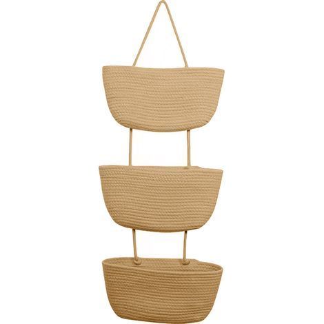 Paniers de cuisine suspendus à 3 niveaux en coton tissé, sac de rangement avec crochets, paniers décoratifs muraux en corde (1/5)