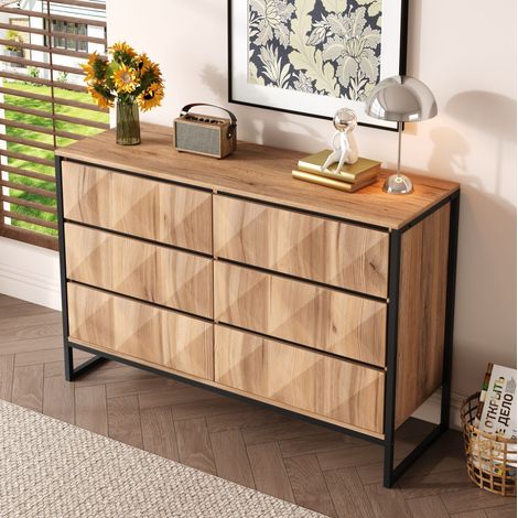 Buffet 120x40x80 cm noir et bois naturel en panneaux de particules et MDF avec 6 tiroirs et pieds métal (1/5)