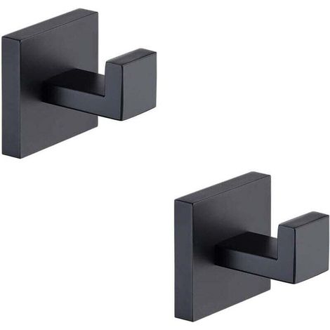 Crochets pour serviettes de bain noir mat, lot de 2, en acier inoxydable, crochets muraux durables pour salle de bain et cuisine, style carré moderne, fixation murale (noir) (1/4)