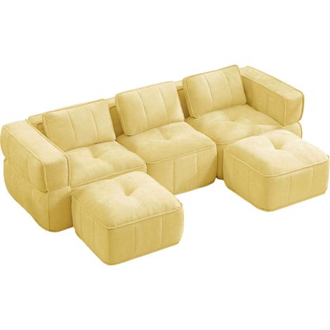 Sofá modular en U de 3 plazas con 2 otomanas, tejido de poliéster amarillo, espuma 32D, sin montaje (1/5)