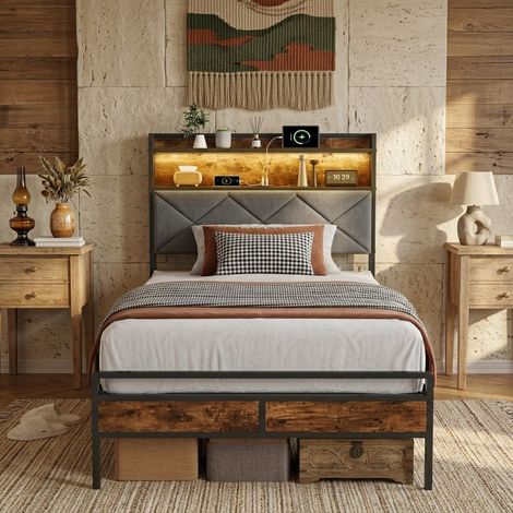 Lit adulte 90x200 cm avec sommier à lattes en métal, avec LED et port de chargement USB, cadre de lit simple pour adolescent, tissu lin, gris (1/5)