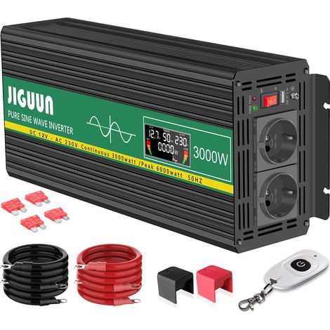 3000W Convertisseur 12V 220V Pur Sinus Onduleur transformateur Puissance crête 6000W avec Télécommande sans Fil Écran LCD 2 Prises EU 1 Port USB pour Voiture Camping Voyage Urgence (1/5)