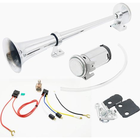 Avertisseur pneumatique de 45 cm avec klaxon de 12 V 150 dB et compresseur - En zinc chromé - Pour tout véhicule 12 V, camion, train, bateau ou voiture (1/5)