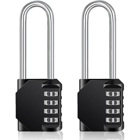 Cadenas Long Code Exterieur Pour Portail, Abri de Jardin, Grande Cadenas Code 4 Chiffres Pour Casier Vestiaire Sport, College, Scolaire, Serrure à Combinaison (2 Pièces, Noir)
