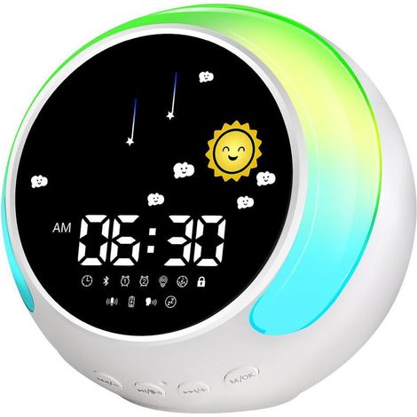 Pädagogischer Wecker für Kinder mit Mond- und Sonnenanzeige, integriertem Nachtlicht und schlaffördernden Klängen (1/5)