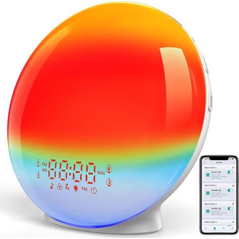 Réveil Lumineux Bluetooth APP, Radio Eveil Matin Lumière Lampe de 20 Niveaux de Luminosité Simulateur d'Aube et Crépuscule 4 Réveils 7 Sons Naturels Fonction Snooze 11 Couleurs Veilleuse Enfant (1/5)