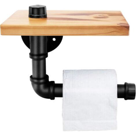 Industrial Wooden Shelves with Iron Pipe Brackets - Wrought Iron Wall Mounted Bathroom Shelf - Retro Style Toilet Paper Holder (1/5)