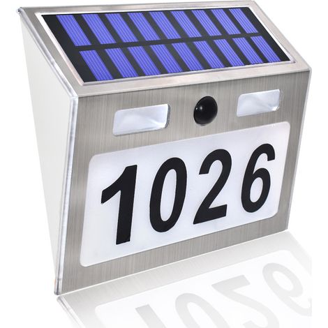 Luz exterior con energía solar para números de casa con detector de movimiento PIR, letrero para puerta, letras de casa, resistente al agua IP65, luz de pared para jardín, luz de seguridad para número (1/5)