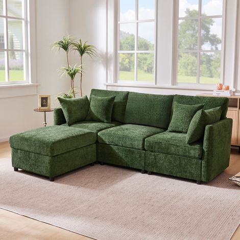 Divano dritto modulare da 3-4 posti, con pouf mobile e 4 cuscini, in tessuto felpa (chenille), verde, 216x161x81 cm (1/5)