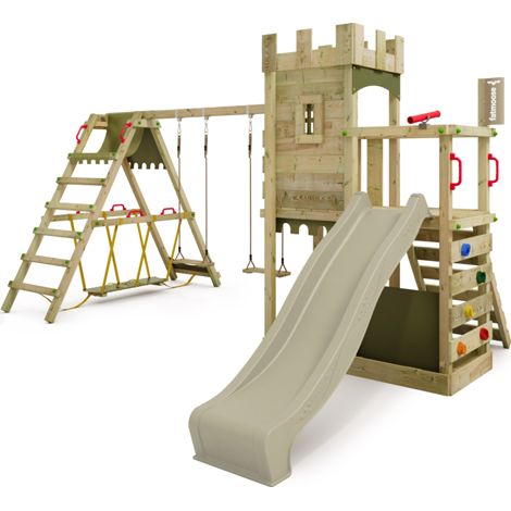 Fatmoose BoldBaron Boost castle style climbing tower with surf extension in sage green
