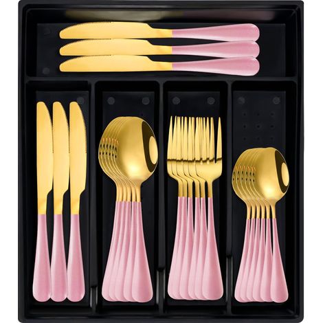 Service de couverts 24 pièces avec organiseur, en acier inoxydable pour 6 personnes, ensembles de vaisselle roses avec poignée antidérapante, résistant à la rouille, poli miroir (rose) (1/5)