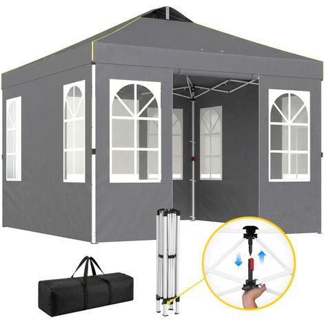Outsunny carpa plegable 3x3 m, pop-up, con 4 laterales extraíbles, upf50+, altura ajustable, bolsa de transporte, sacos arena, para exterior, gris (1/5)