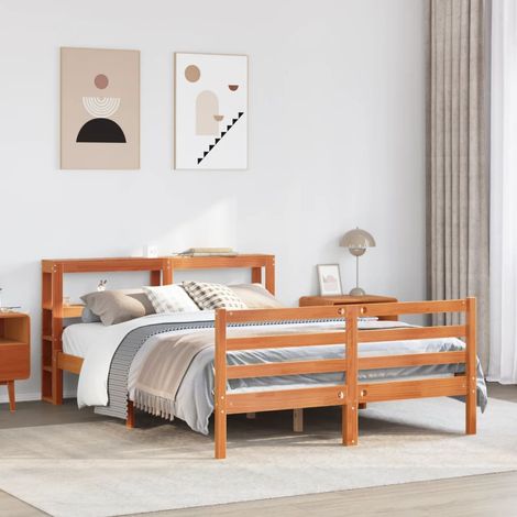 Cama sin colchón madera maciza pino marrón cera 150x200 cm