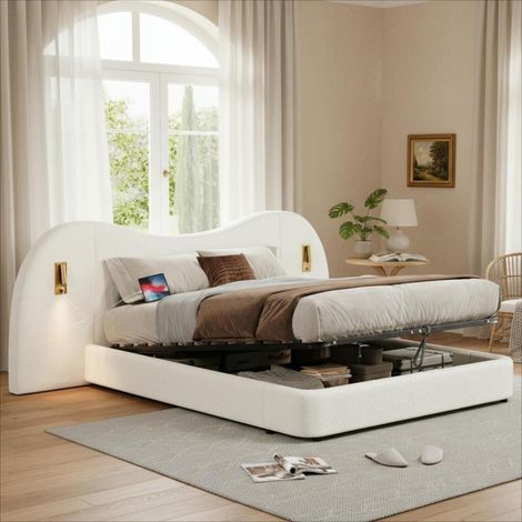 REDOM Lit coffre 180x200 cm avec port de chargement USB et lampe de lecture, tissu matelassé blanc (sans matelas) (1/5)
