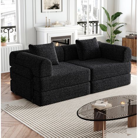 Divano letto modulare nero in ciniglia con vano portaoggetti nel bracciolo e configurazione versatile (1/5)