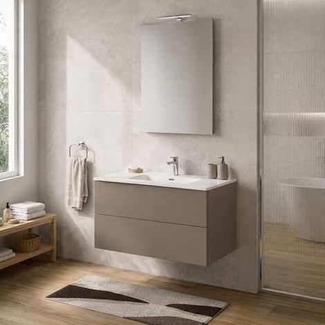 Mobile bagno sospeso 100 cm tortora due cassetti push-pull e lavabo Tierra (1/5)